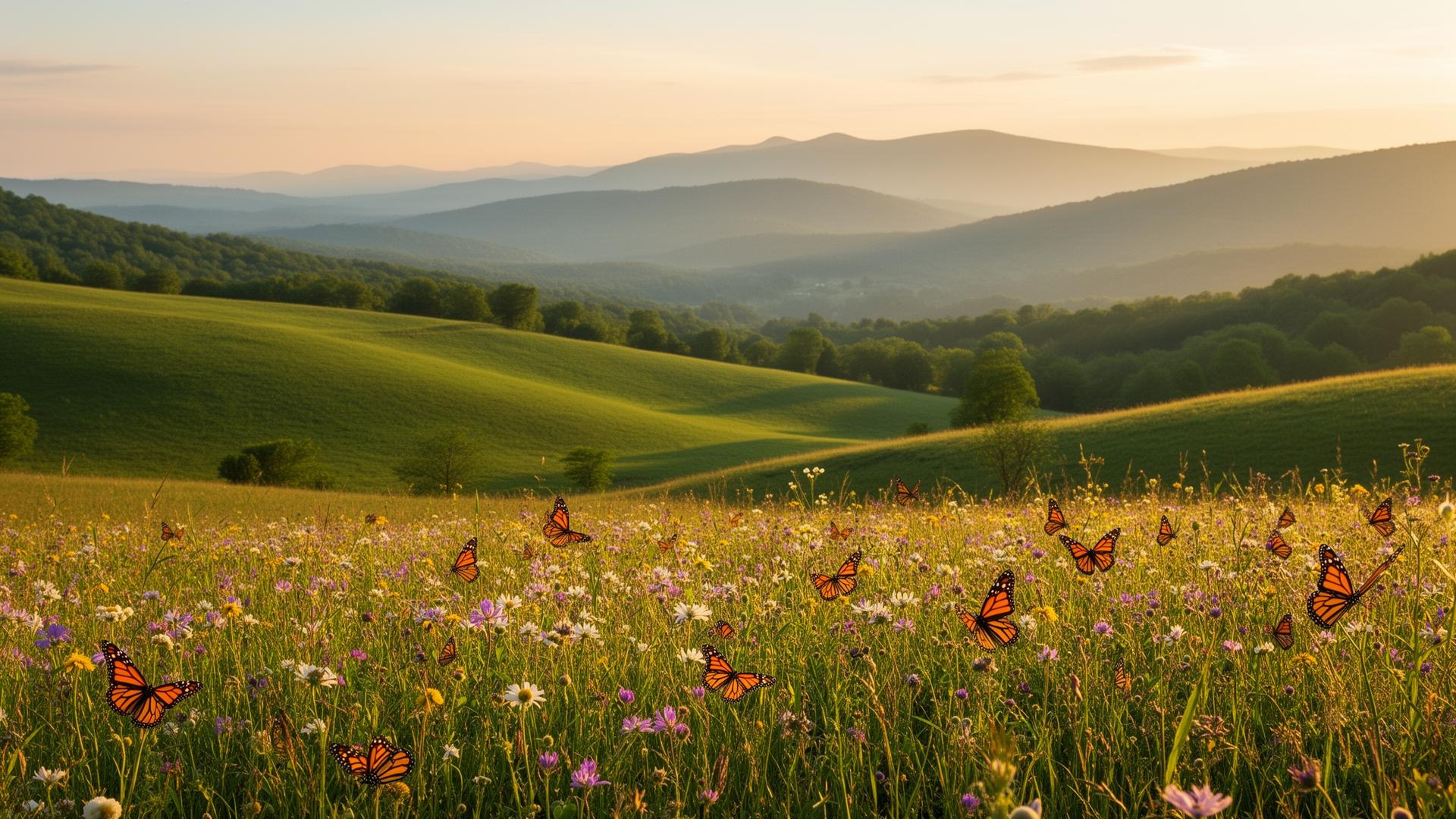 Hudson Valley meadow with monarch butterflies and rolling hills at golden hour