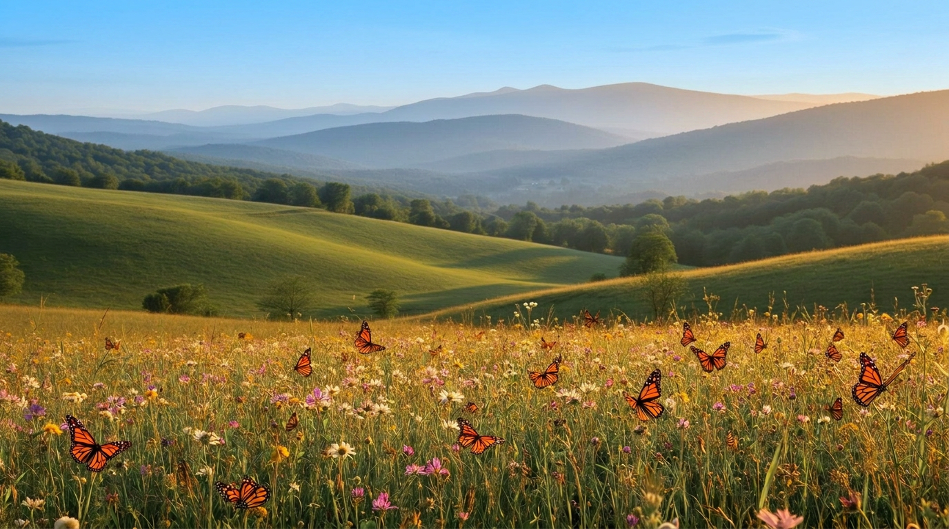 Hudson Valley meadow with monarch butterflies and rolling hills at golden hour